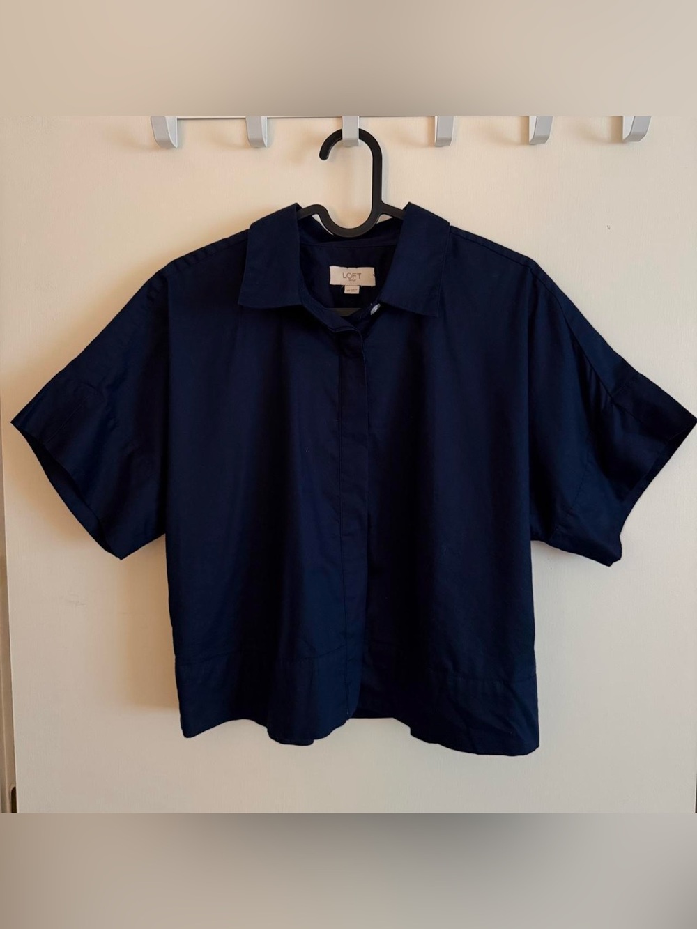 LOFT Navy Boxy Short-Sleeve Button-Up Shirt